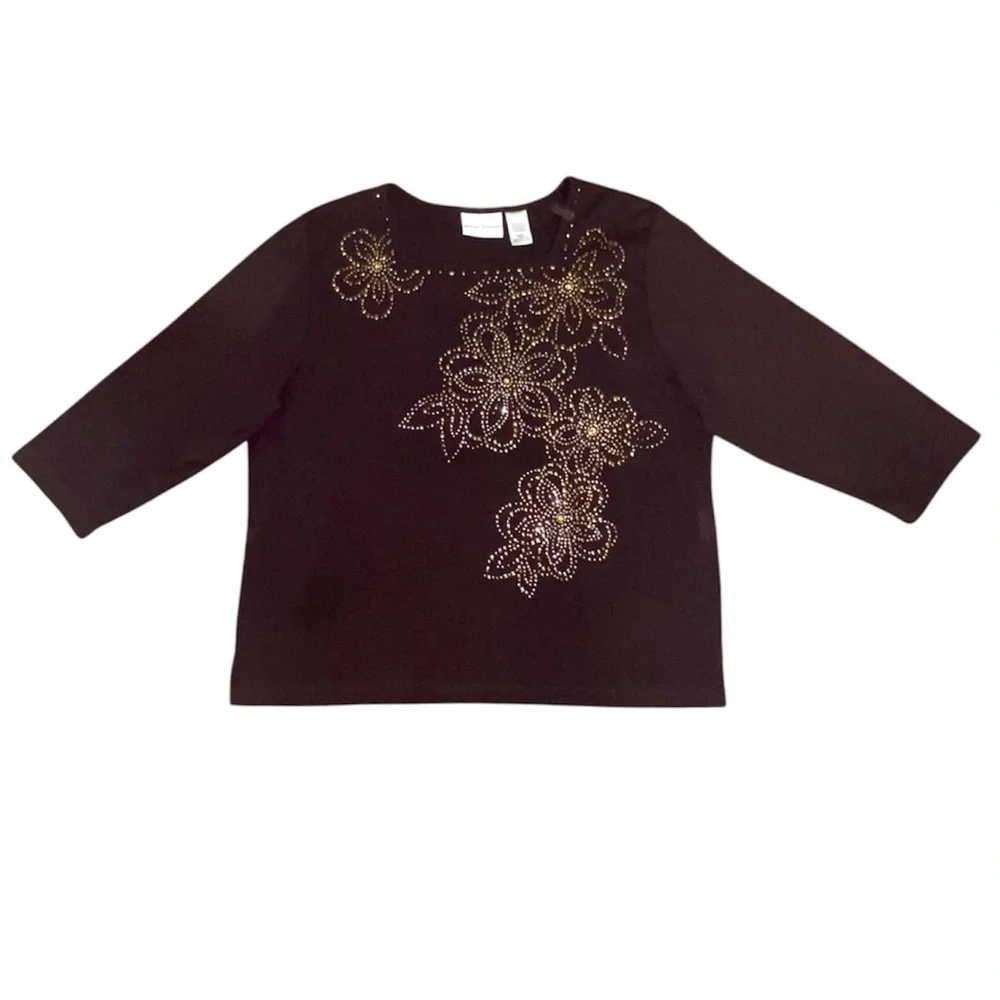 Alfred Dunner Floral Studded Brown/Metallic Square Neck 3/4 Sleeve Top - Picture 1 of 4